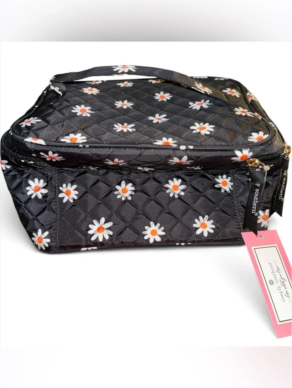 NWT Simply Southern Black Daisy Floral Quilted Cosmo Cosmetic Makeup Travel Bag